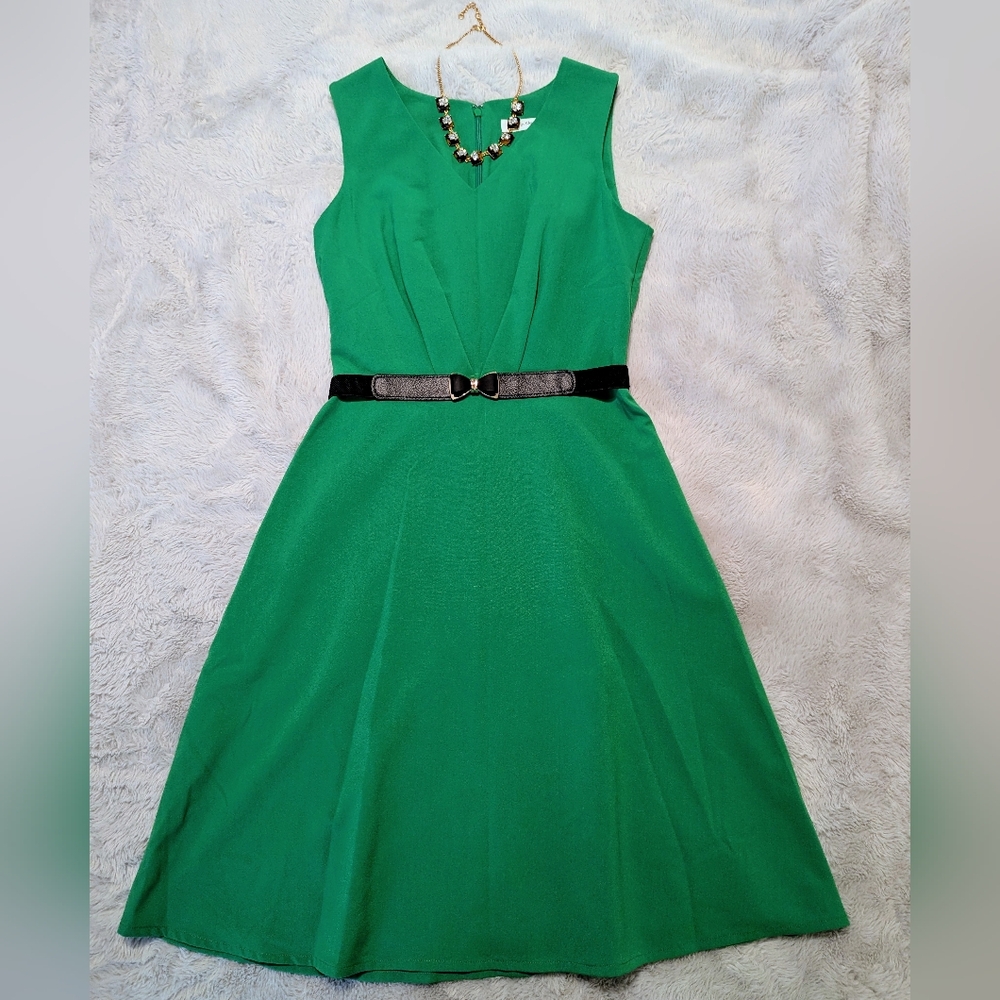 Calvin Klein Green Sleeveless A-Line V-Neck Career Dress Size 4
